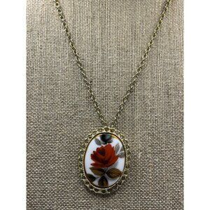 Vintage Floral Cameo Pendant Necklace Brooch Goldtone Chain Oval Red Rose